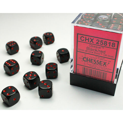 Chessex 12mm d6 Set: Opaque - Black w/Red (36) - The Tabletop Strategist