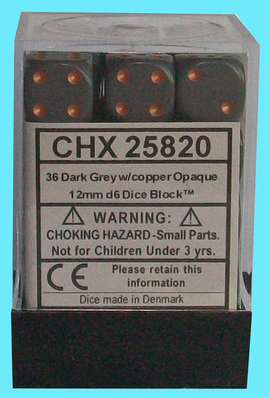 Chessex Opaque 12mm d6 Dark Grey/copper Dice Block™ (36 dice) - The Tabletop Strategist