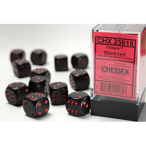 Chessex 16mm d6 Set: Opaque - Black w/Red (12) - The Tabletop Strategist